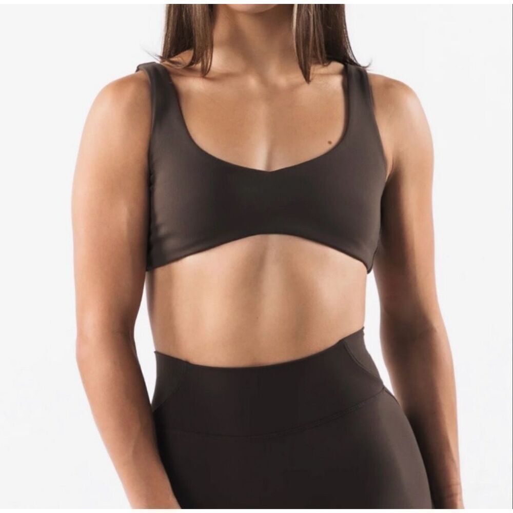Alphalete Olivia Sculpt Bra Brown Minimal Square Neck Bra Gym Workout Lifting M
